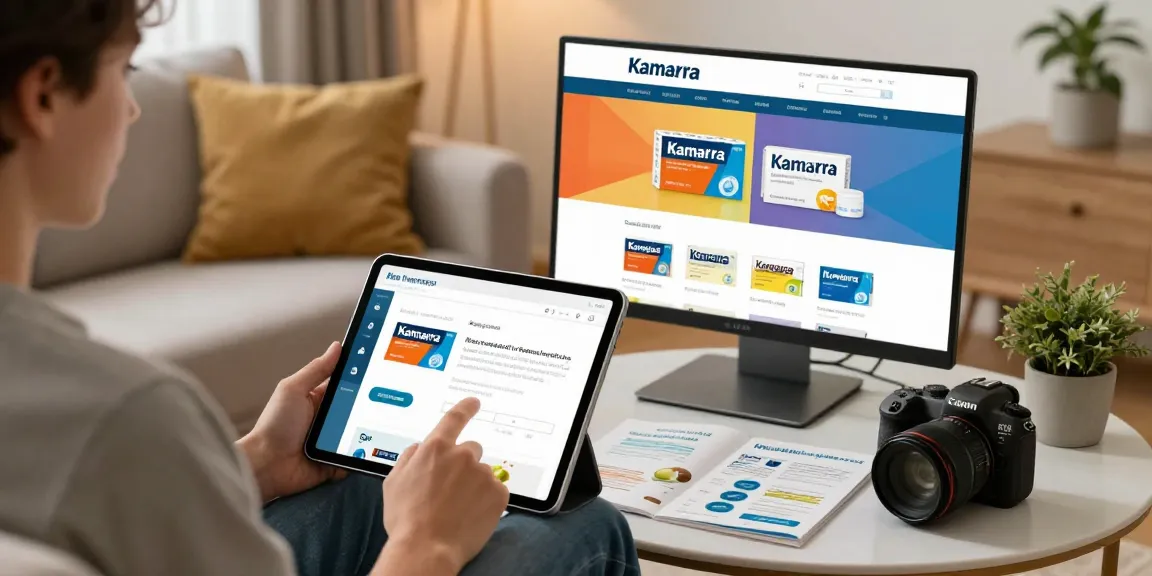 Comprar Kamagra online with ease, featuring a user browsing a modern pharmacy website.