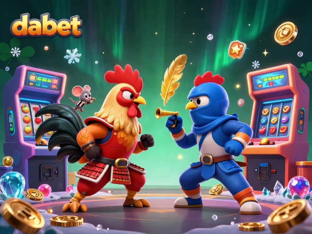 DABET showcases a dynamic rooster showdown amid colorful casino game elements, emphasizing thrilling gaming excitement.