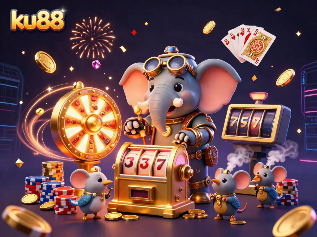 Experience thrilling gameplay at ku88 with a steampunk elephant operating a golden slot machine amidst dazzling effects.