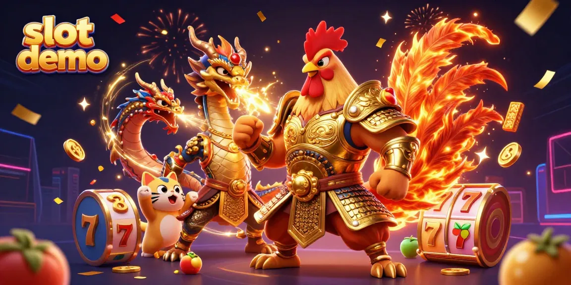 Slot demo dengan ilustrasi kartun penuh warna dari karakter ayam pejuang dan naga.