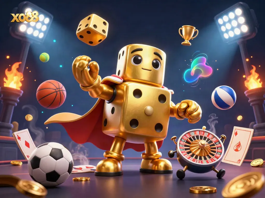 Experience the thrill of xo88 with a dynamic 3D illustration featuring golden dice, sports balls, and vibrant casino elements.