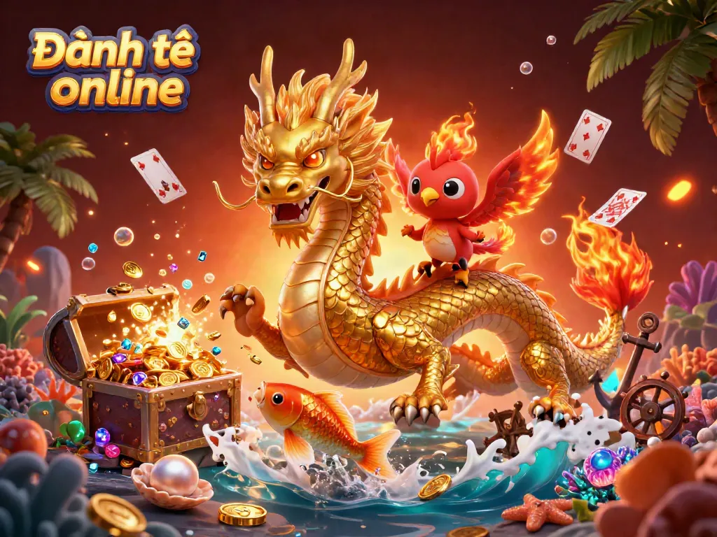 Experience exhilarating Đánh đề online with golden dragon and koi fish amidst treasure.