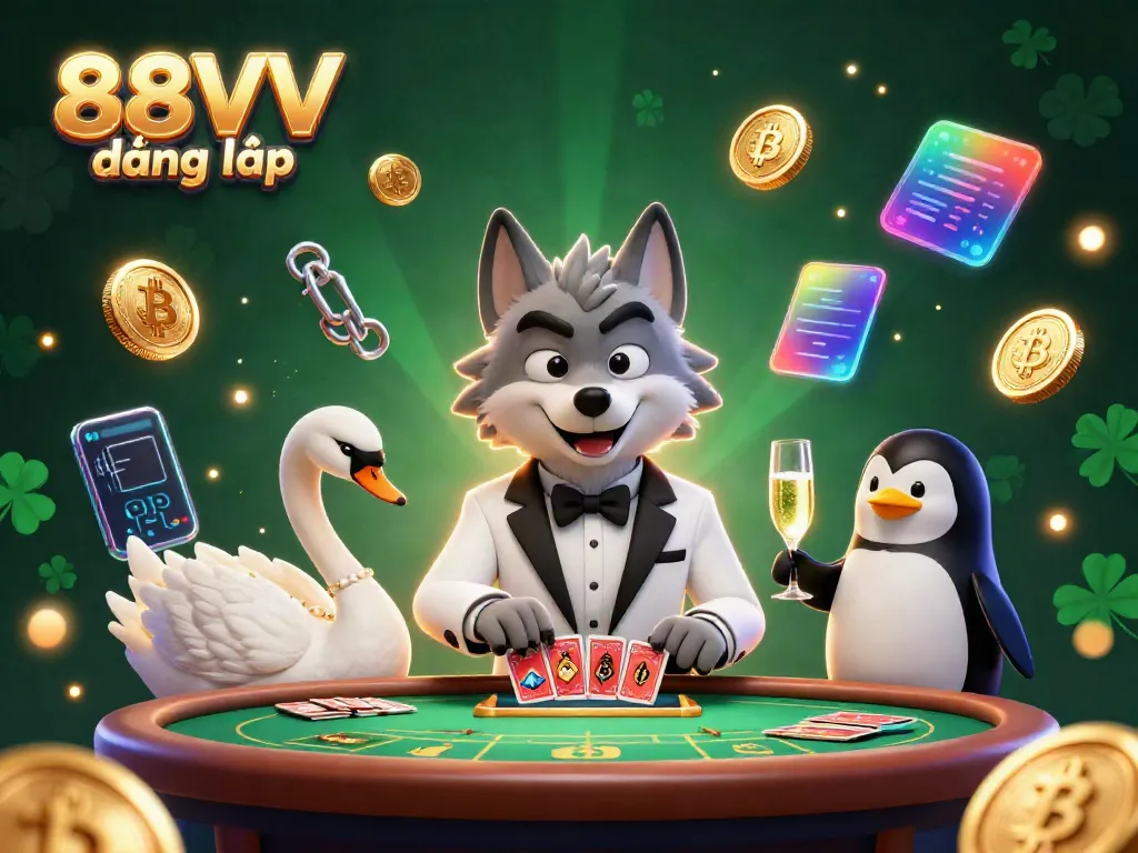 Engage in casino thrills with 88VV đăng nhập, featuring a cartoon wolf and swan at baccarat.