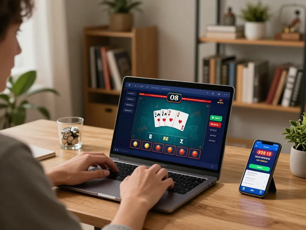 O8 online casino gaming setup showcases a player engaged with poker interface on a laptop.