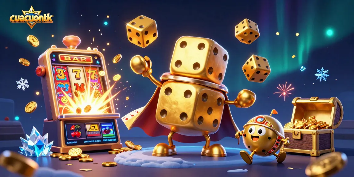Exciting cuacuonttk action scene with a golden dice golem and vibrant casino elements in a colorful 3D illustration.