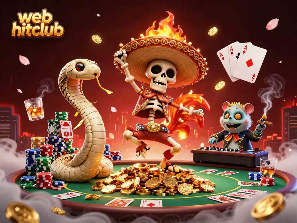 Engage in thrilling games at web hitclub with fun characters dancing on gold coins in a vibrant casino setting.
