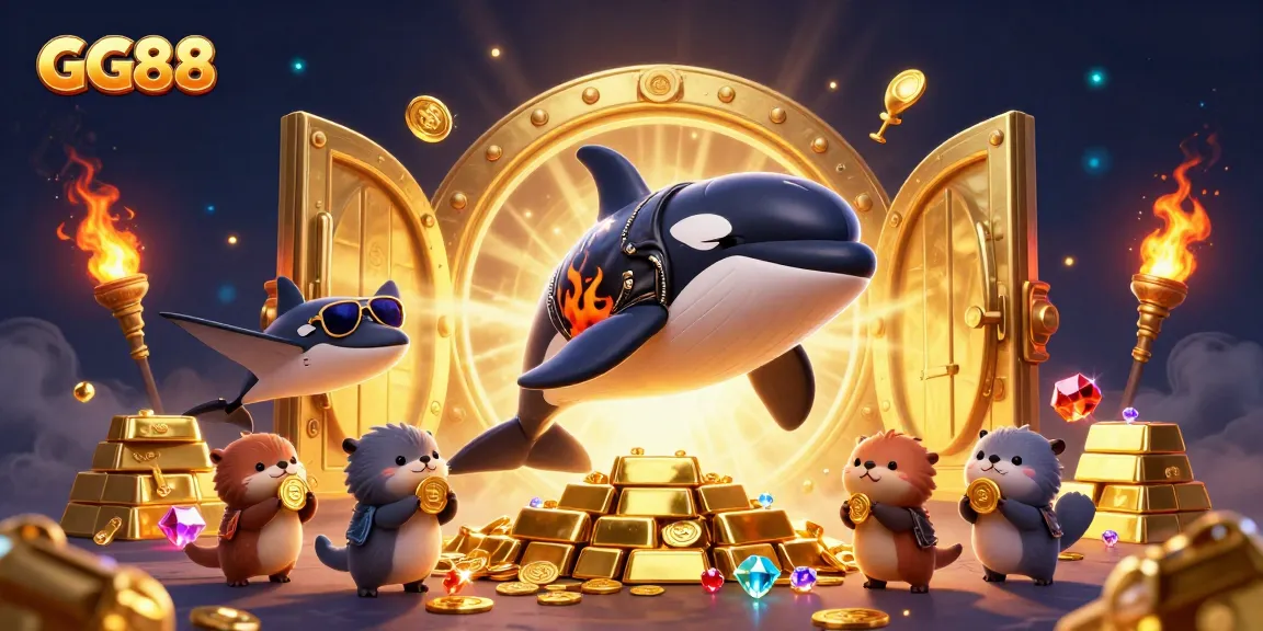 Experience the thrill of winning with GG88 in a vibrant, dynamic casino scene with exciting characters and treasures.
