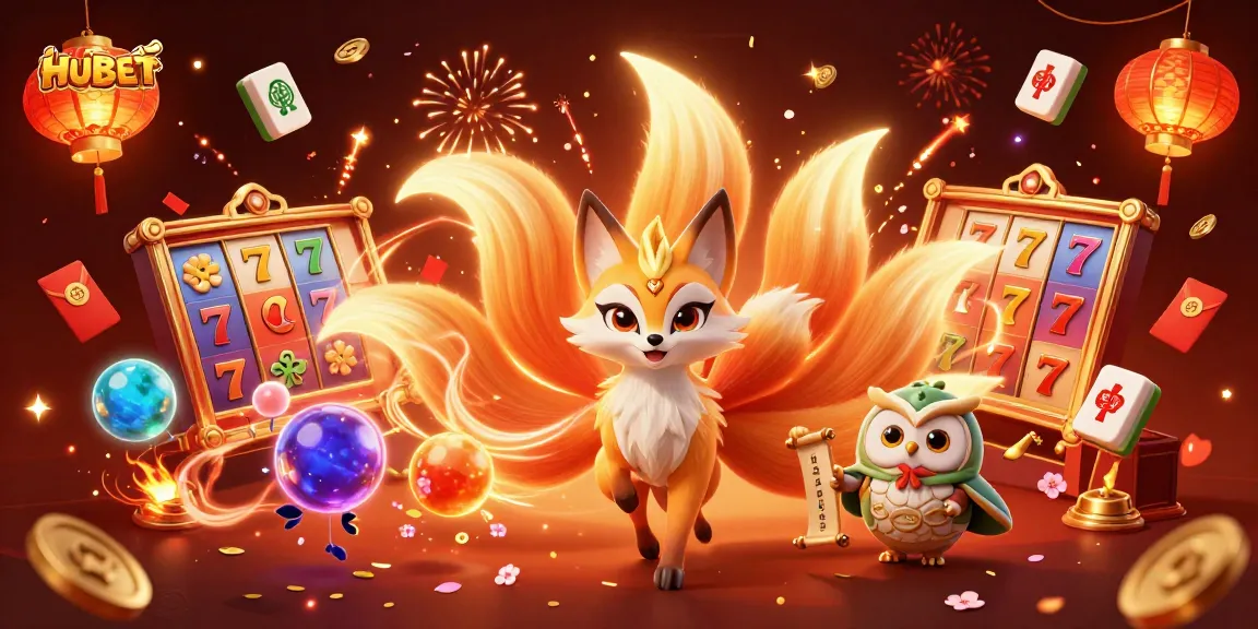 HUBET offers thrilling slot game adventures with a vibrant nine-tailed fox in a magical casino scene.