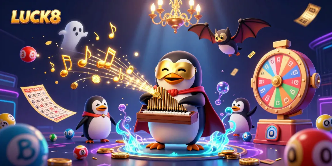 LUCK8 offers exciting gaming with colorful elements like lottery balls, a penguin, and cash rewards.