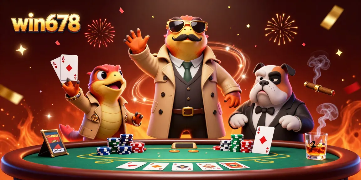 Experience win678 with raptors in a trench coat, gambling scenes filled with colorful poker chips and cards.