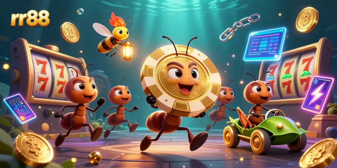 rr88 ants execute a heist carrying a giant poker chip surrounded by vibrant casino elements