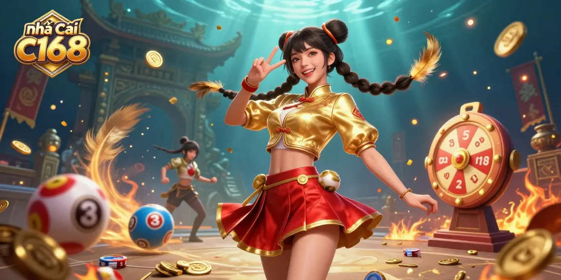 Join the excitement at nhà cái c168 with vibrant casino elements, including lottery balls and a spinning prize wheel.