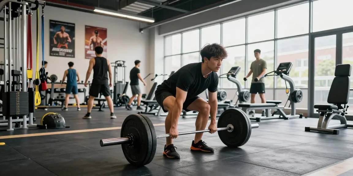 Entrenador levantando pesas en Esteroidesshop, gimnasio moderno con ambiente motivador.