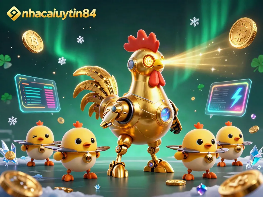 Experience thrilling action with the nhacaiuytin84 golden rooster robot and cryptocurrency elements in a vibrant casino scene.