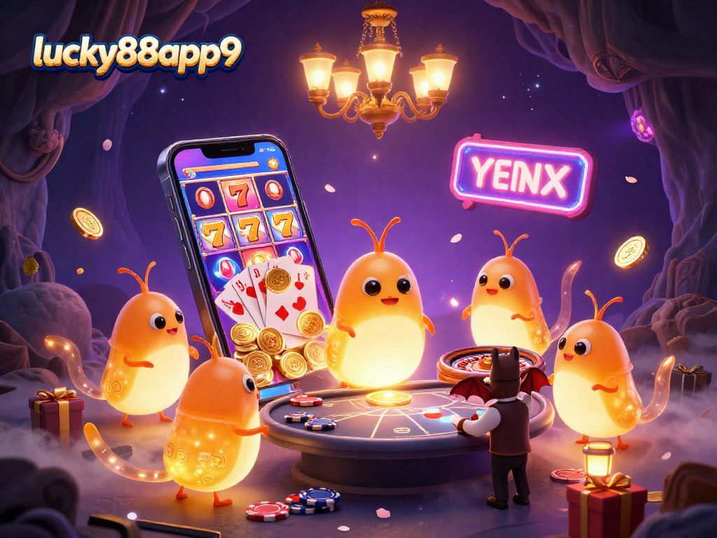 Experience the excitement of lucky88app9 with glowworms lighting a vibrant cave casino scene.