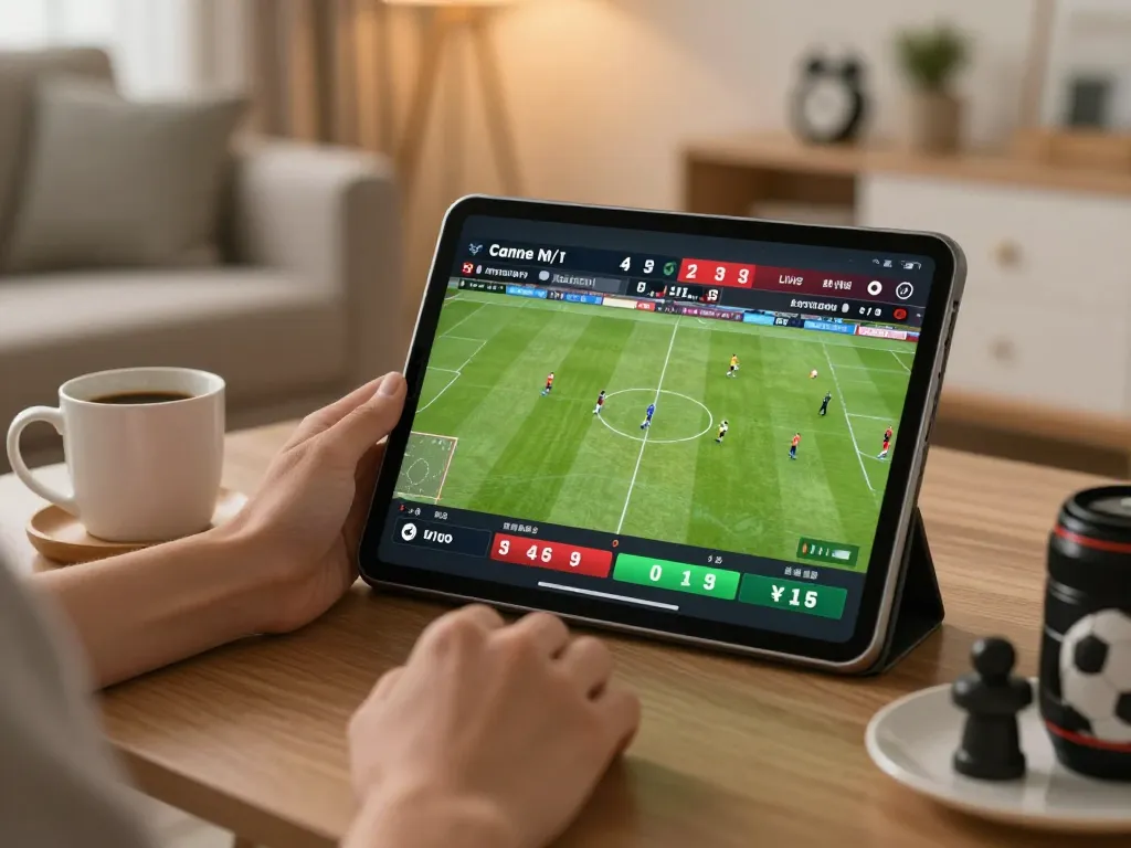 Engaging in sports betting on keonhacai through a tablet in a cozy living room.