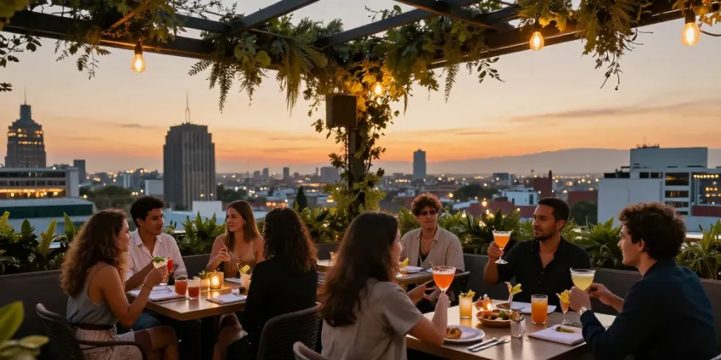 Huur een rooftop in CDMX met sfeervolle verlichting en uitzicht over de stad