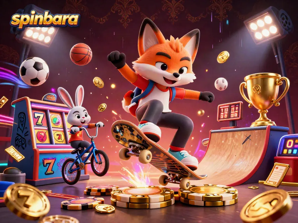 Spinbara showcases a 3D fox in mid-kickflip surrounded by vibrant casino elements and sports balls.