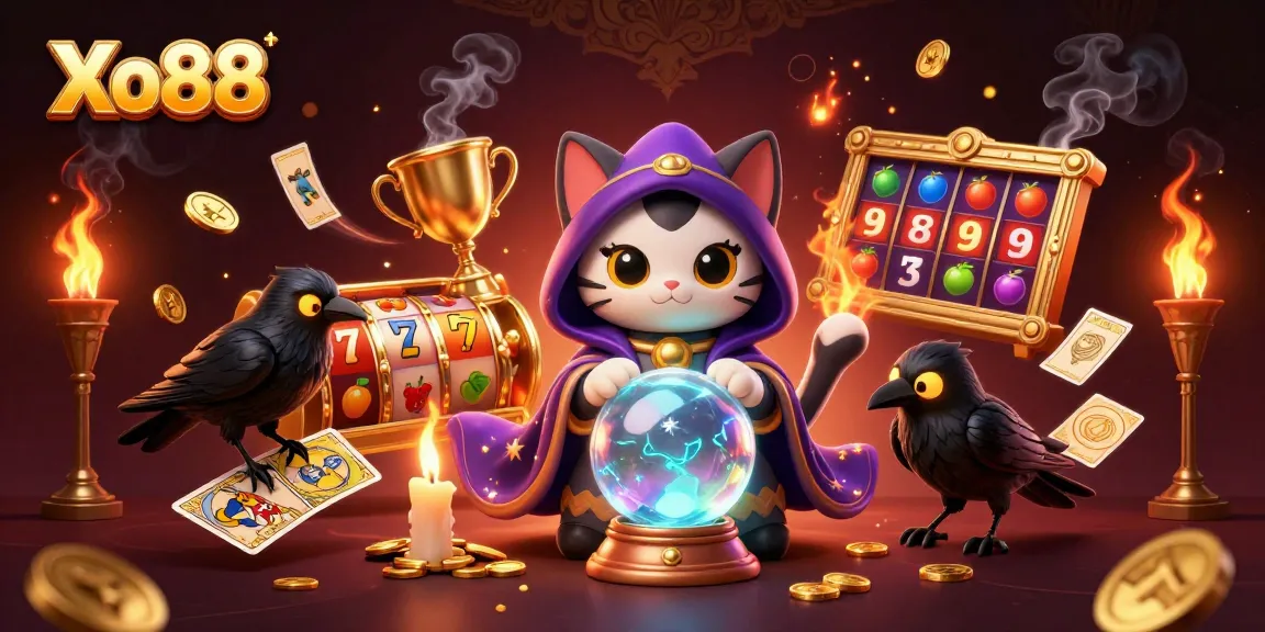 Xo88 offers thrilling slot experiences with an enchanted fortune teller mystic cat and a glowing raven.