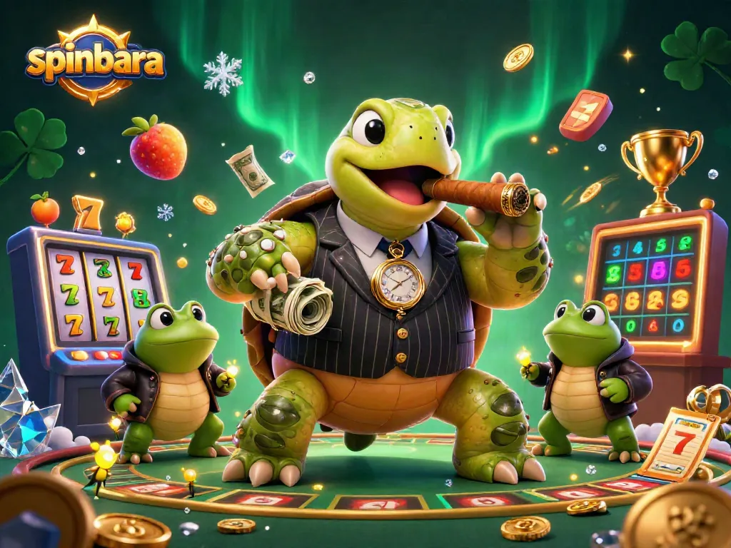 spinbara casino scene with a snapping turtle and bullfrog characters surrounded by dynamic slots and gold coins