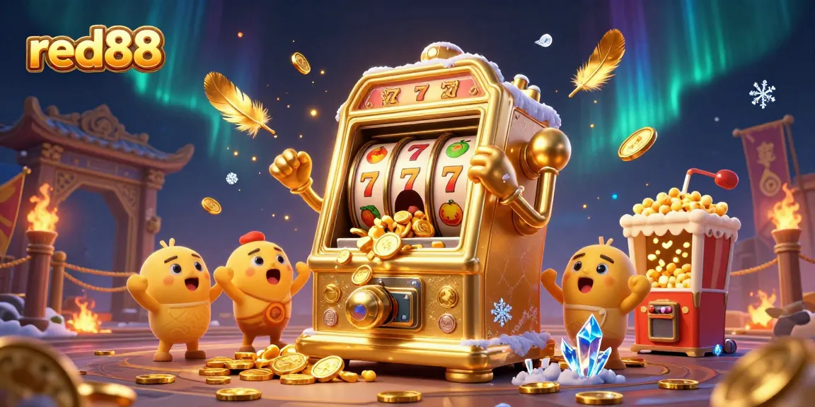 red88 celebrates big wins with a joyful slot machine and festive scene of gold coins and cheering characters.