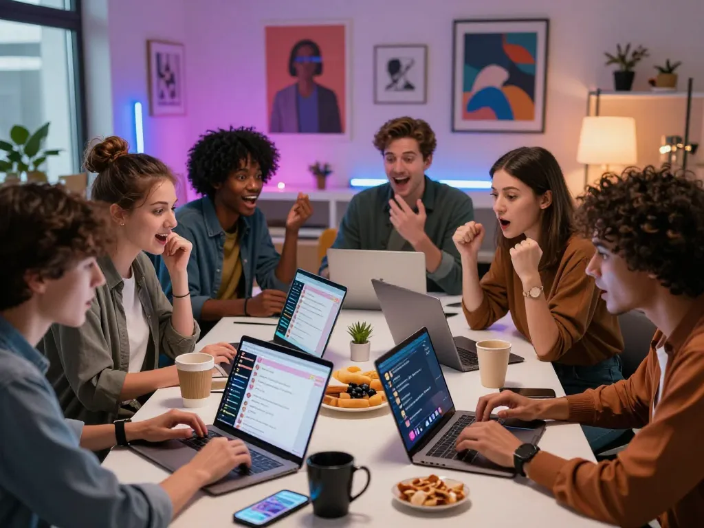 Engaging NSFW chat scene with diverse users animatedly chatting through devices in a vibrant digital workspace.
