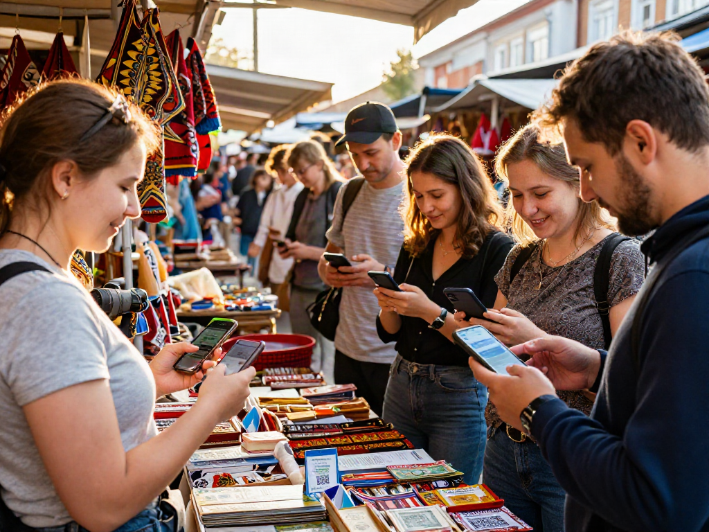Grupo de turistas usando https://payinrussia.com/ para pagar en un mercado bullicioso en Rusia.