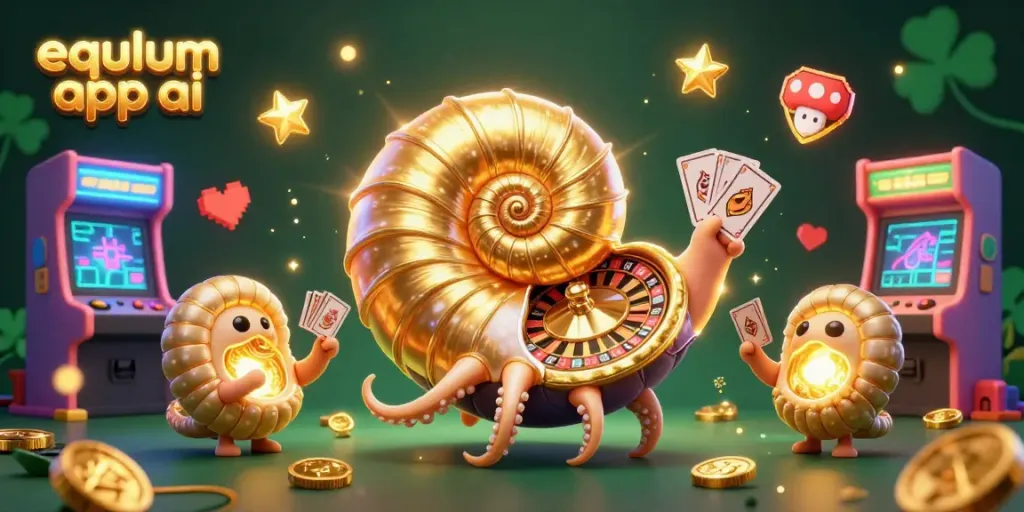 Engage with equlum app ai and enjoy a vibrant casino scene featuring a glowing nautilus as a roulette wheel.