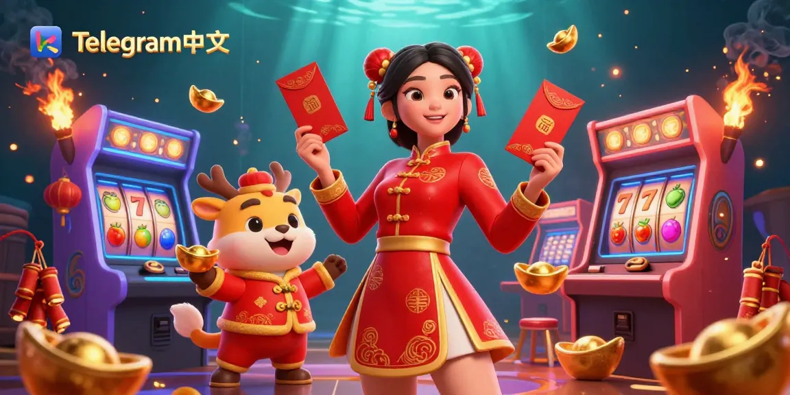 在充满活力的赌场中，使用Telegram中文赢得大奖，图中有一位亚洲女性和节庆元素。