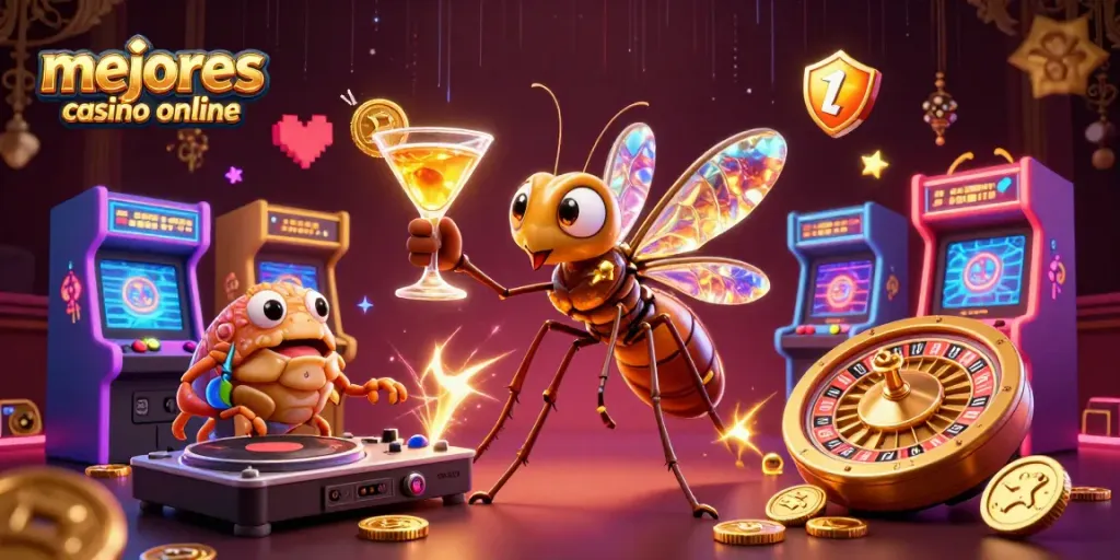 mejores casinos online interactuando con tragamonedas y juegos en una escena llena de color