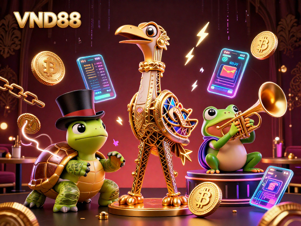 Engage in thrilling gameplay at VND88 featuring vibrant cartoon characters and crypto elements.
