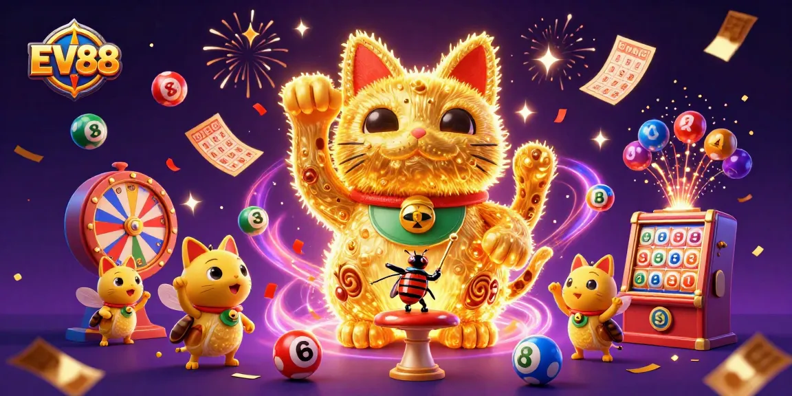 Experience the excitement of EV88 with vibrant symbols and dynamic elements in a lively casino scene.