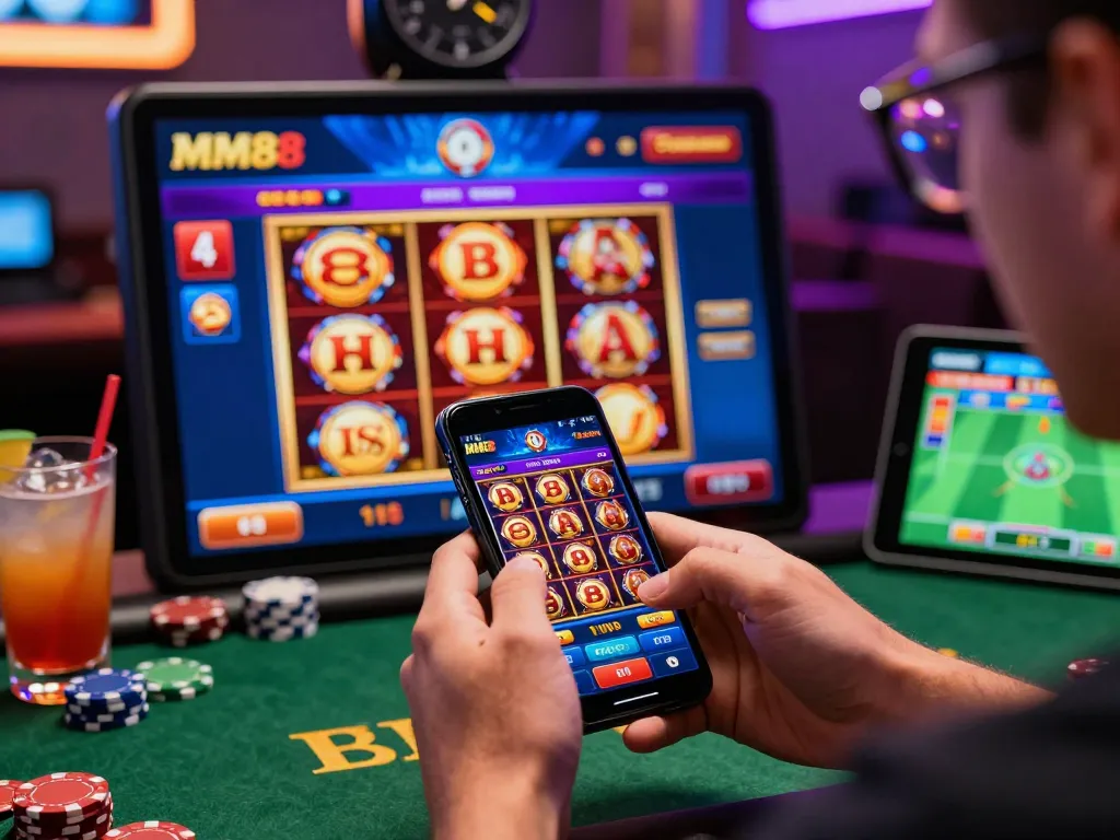 Engaged player placing bets on MM88 gaming platform through smartphone, showcasing vibrant casino atmosphere.