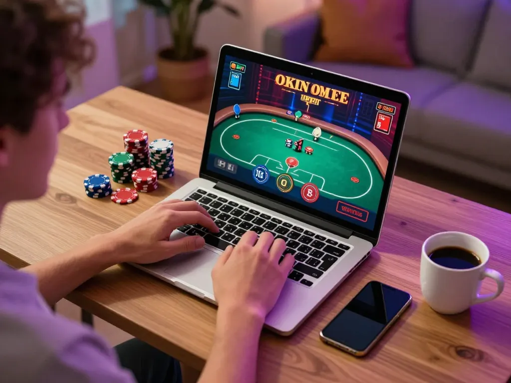 O8 player strategizing a winning poker hand during online gaming session at home.