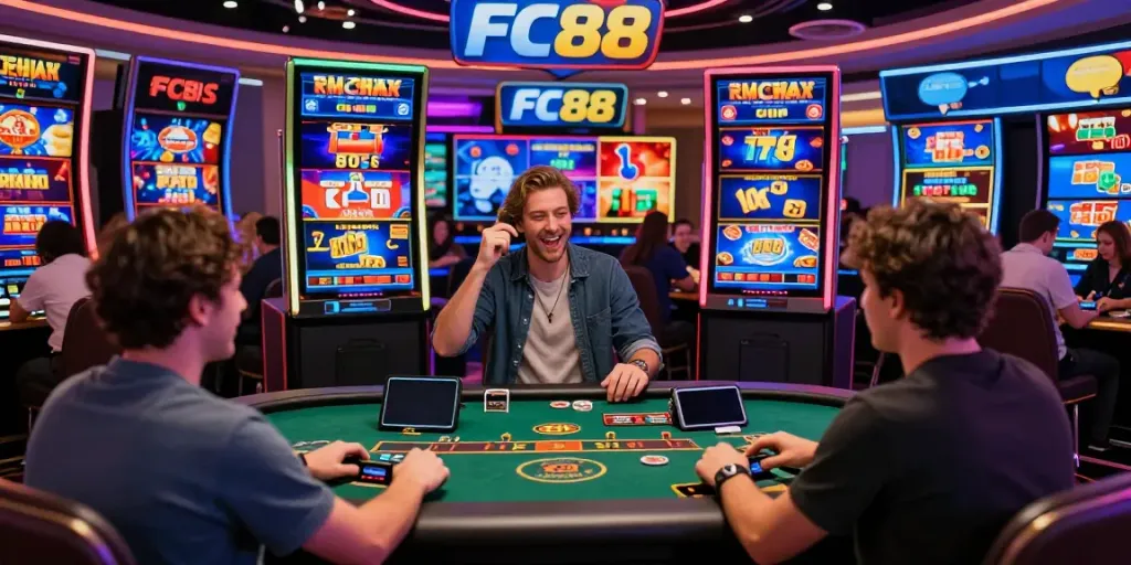 Excited player at FC88 online casino engaging in live games with vibrant digital interfaces and dynamic atmosphere.