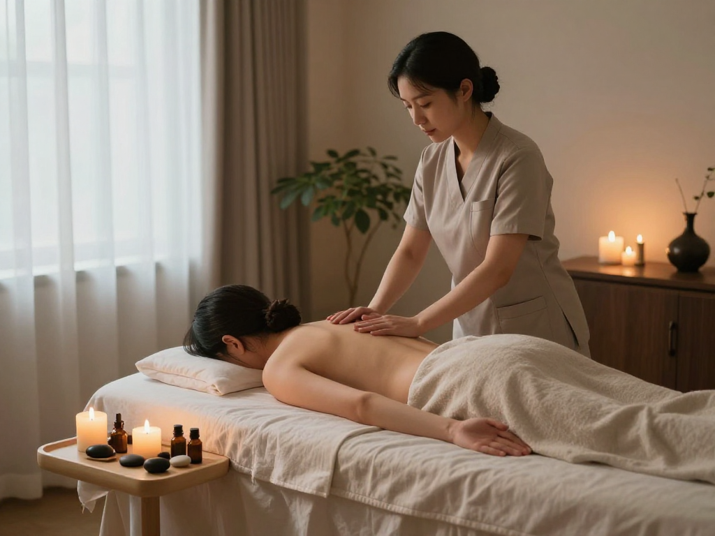 Experience 강동구출장마사지 in a tranquil massage therapy room with soothing elements.