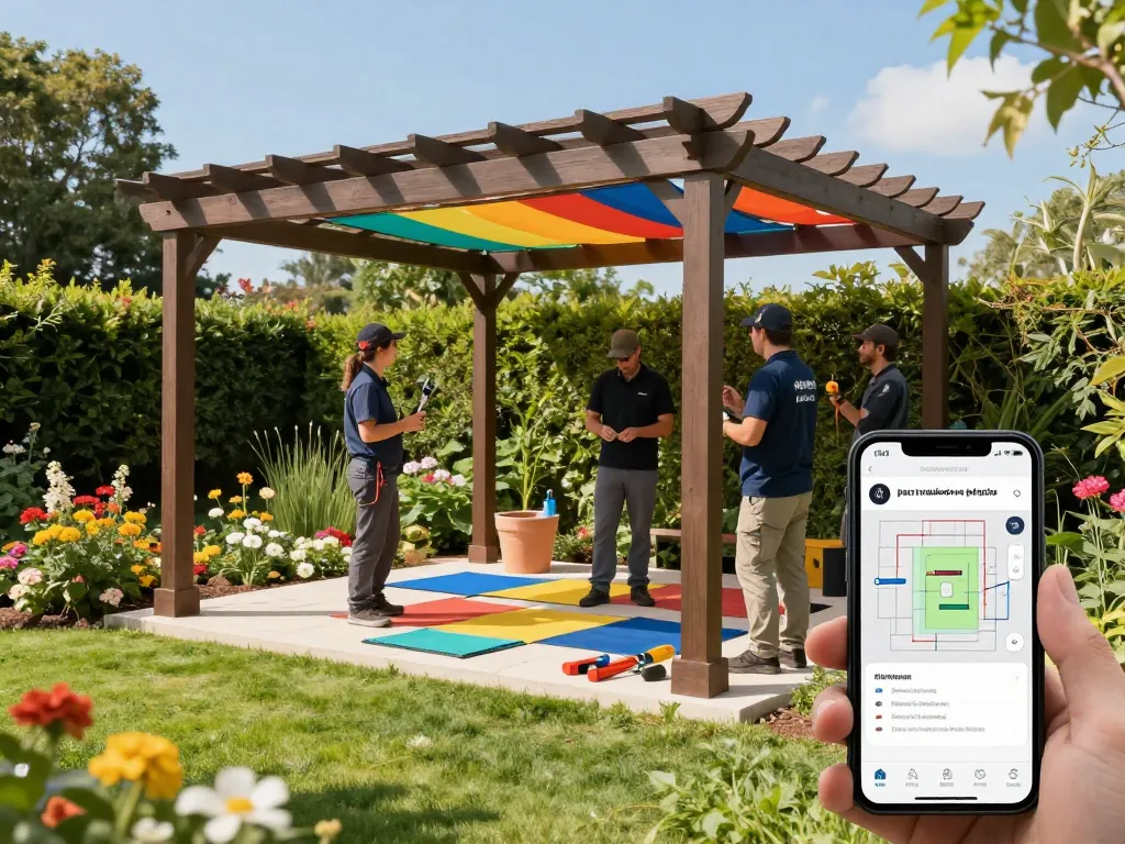 Instaladores utilizando software para instaladores de pérgolas para configurar y ensamblar una hermosa pérgola exterior.