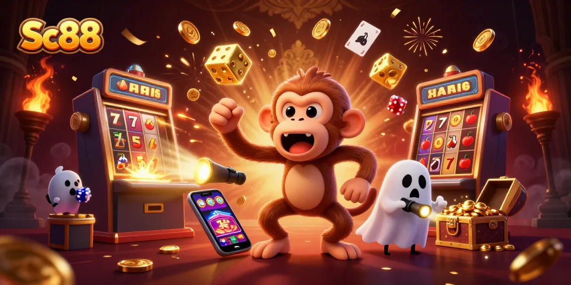 Sc88 gaming experience with a poltergeist monkey and ghost-hunter puppy in a vibrant casino scene.