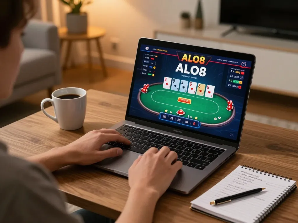 Player engaging in online gambling on ALO8 with a strategic focus and cozy home atmosphere.