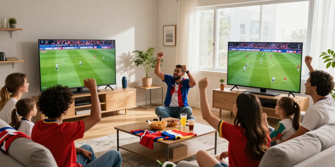 Fans enjoying rojadirectatv in a lively living room, watching live football matches.