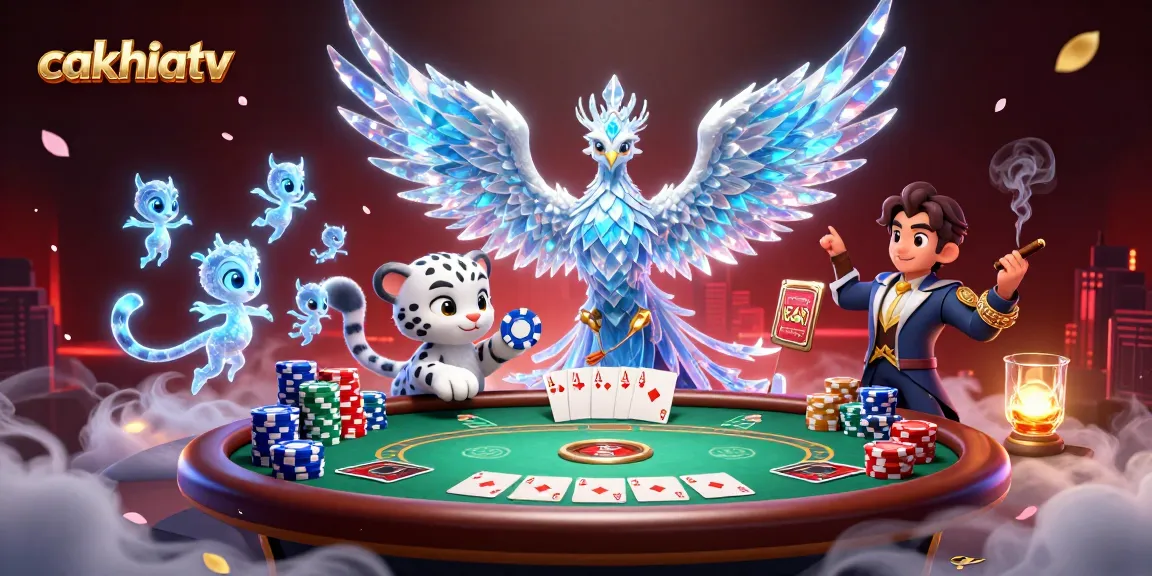 Cakhiatv enhances the online gambling experience with vibrant visuals of poker gameplay and a magical theme, showcasing rich details.